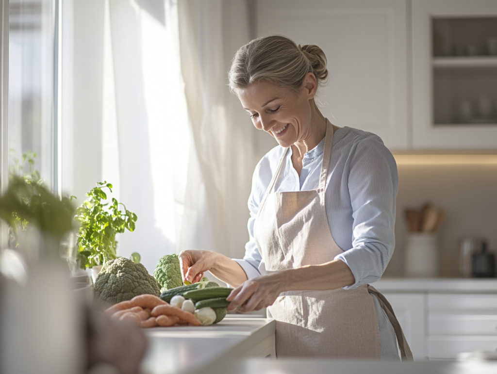 Seniorin in der Küche mit Gemüse