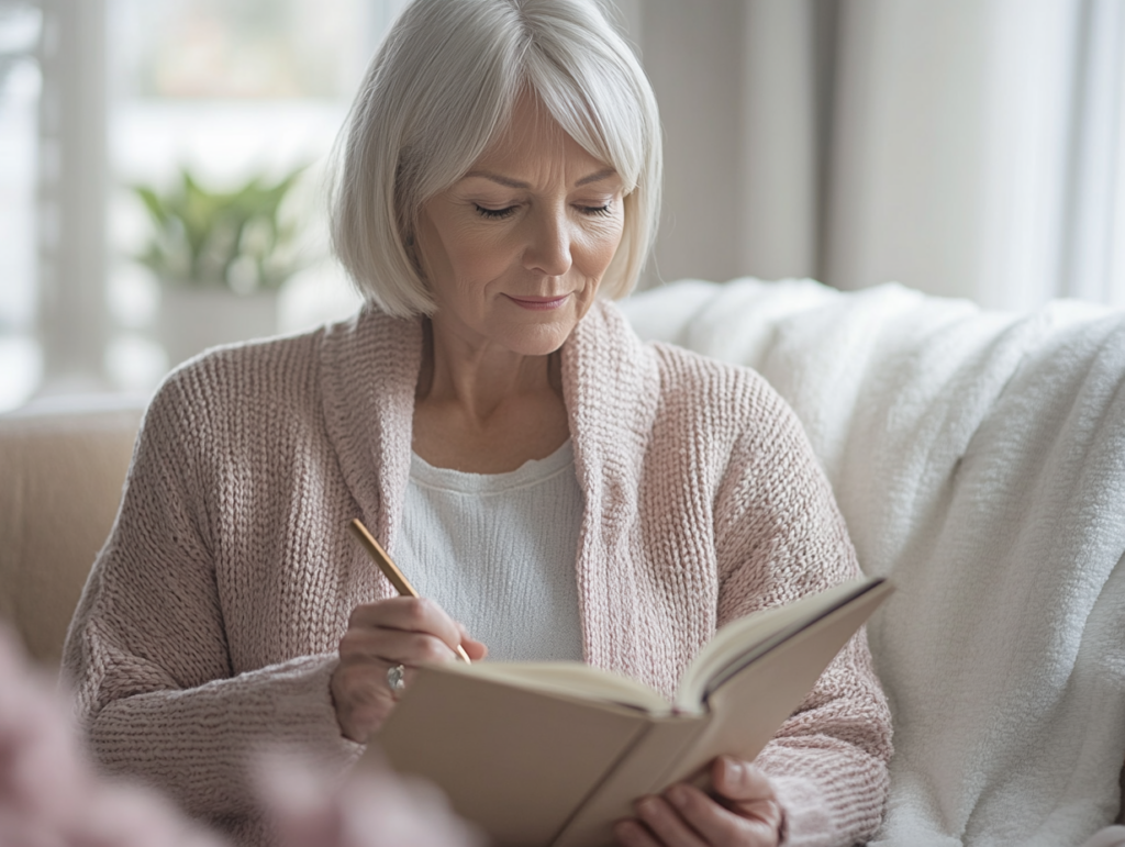 Seniorin schreibt in ihr Notizbuch
