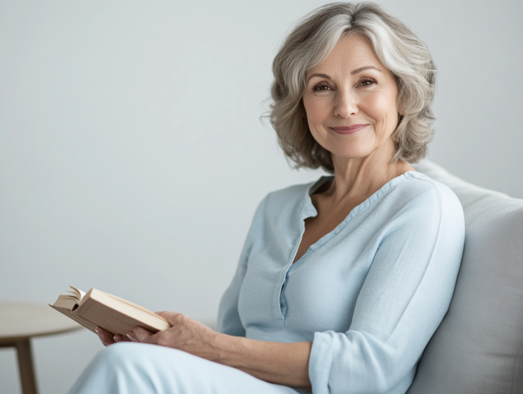 Seniorin auf der Couch mit Buch