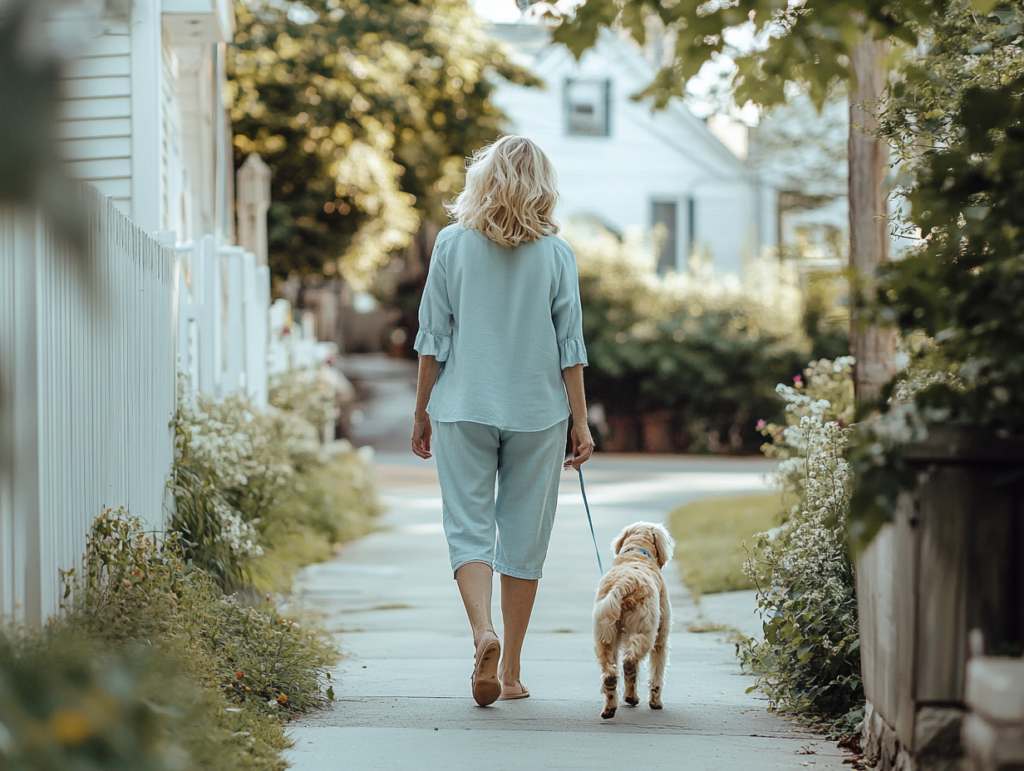 Frau geht mit Hund spazieren