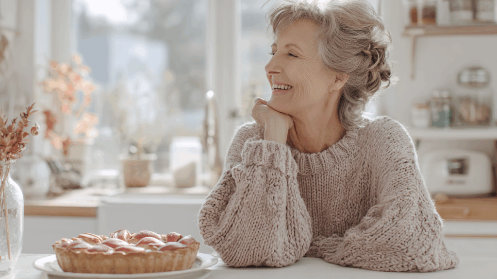 Seniorin in der Küche mit Apfelkuchen