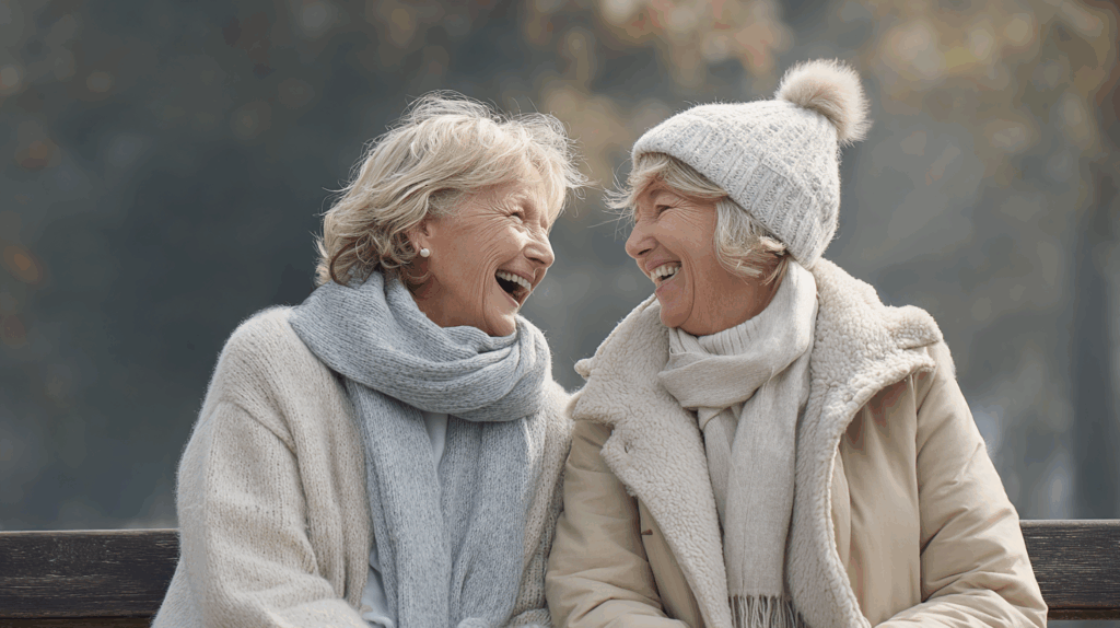 Seniorin Freundinnen sitzen auf einer Bank und lachen sich an